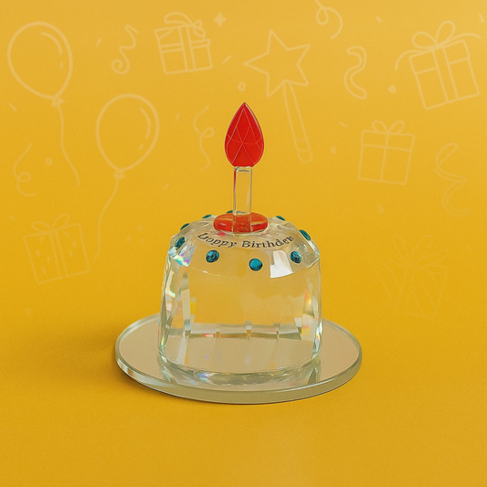 Crystal Glass Happy Birthday Mini Candle Showpiece | Small Decorative Gift Item for Birthday Celebration | Sparkling Faceted Crystal Ornament with Red Flame Top & Mirror Base | Tabletop Home Décor Gift Piece(Approx. Size: 6 x 4 cm)