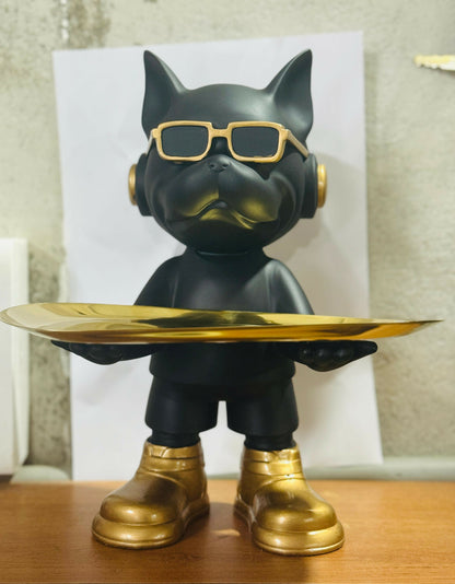 Luxury Black & Gold Bulldog Butler Figurine with Tray – Modern Resin Dog Showpiece with Sunglasses & Headphones – Stylish Decorative Tray Stand for Keys, Coins & Snacks – Funky Home & Office Décor Gift Item