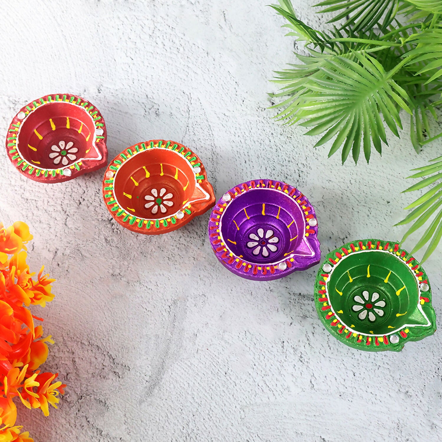 Handcrafted Multicolor Mix Diya Set of 4 – Round Flower Pattern Oil Lamps for Diwali, Pooja & Festive Decoration (Mix Design)