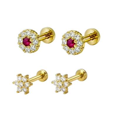 Detailed view of gold plated crystal floral cluster flat back AD stud earrings