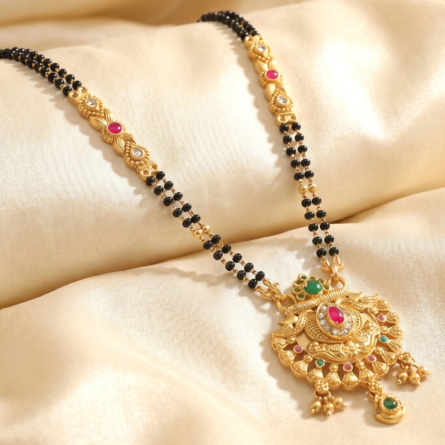 Antique Finish Lotus Peacock Fan Pendant with Multi-Petal Enamel Extra Long Double Strand Mangalsutra
