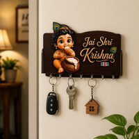 Jai Shri Krishna Wooden Key Holder Wall Hanging for Home Decoration