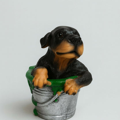Premium Cute Puppy in Bucket Resin Showpiece for Home Décor | Hand-Painted Dog Figurine with Silver Bucket & Green Spill Design | Tabletop Decorative Statue for Living Room, Bedroom, Office & Gifting