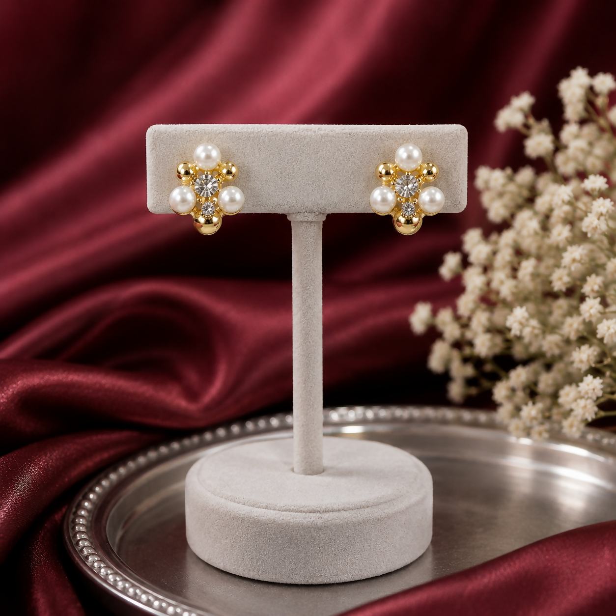 A pair of gold-plated floral stud earrings with crystals and mini pearls displayed on a light gray velvet earring stand.