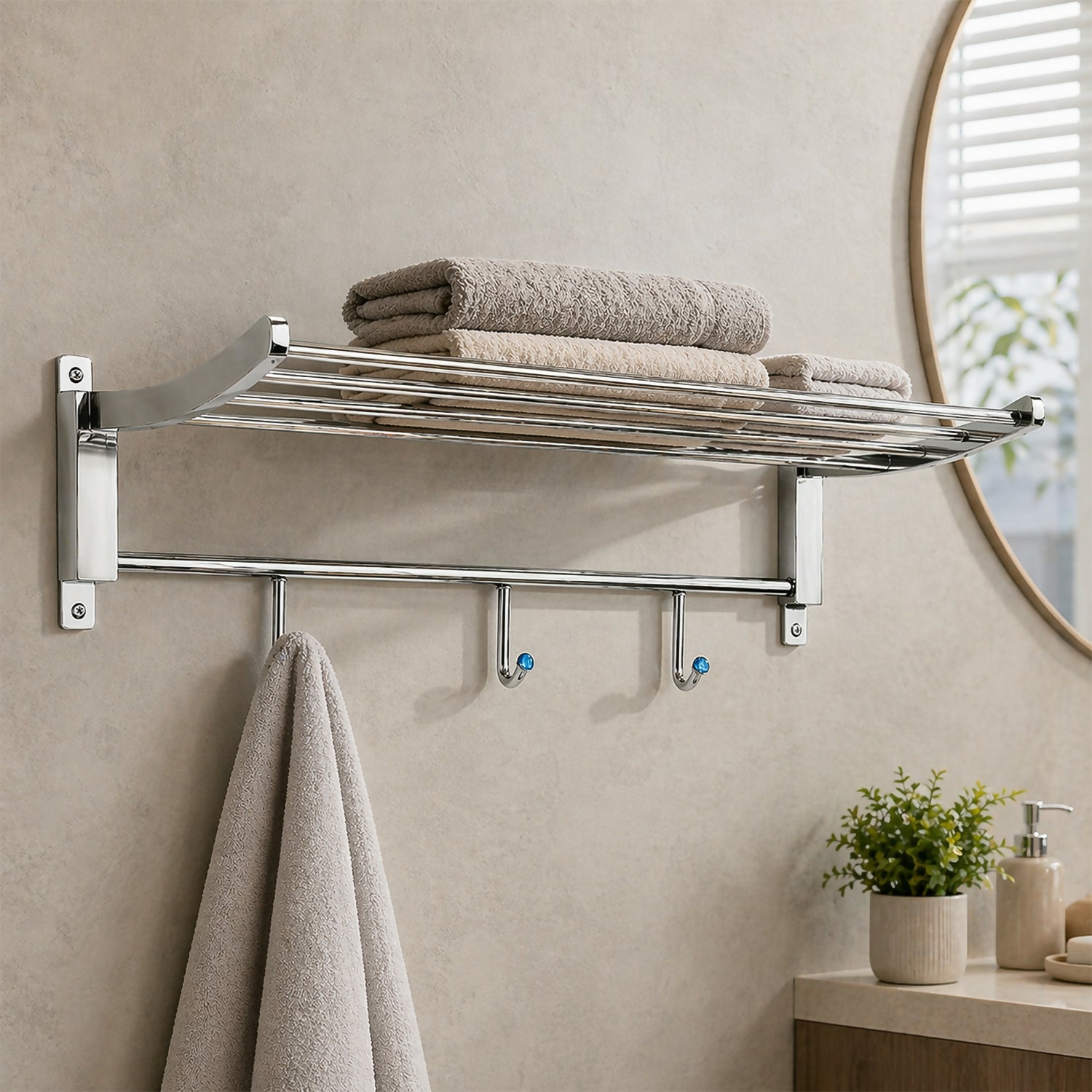Wall mounted bathroom towel rack with shelf and hooks