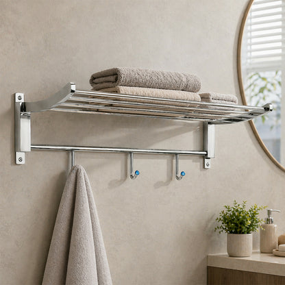 Wall mounted bathroom towel rack with shelf and hooks