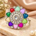 Silver-Toned Multicolor Enamel Heart Floral Statement Ring for Women
