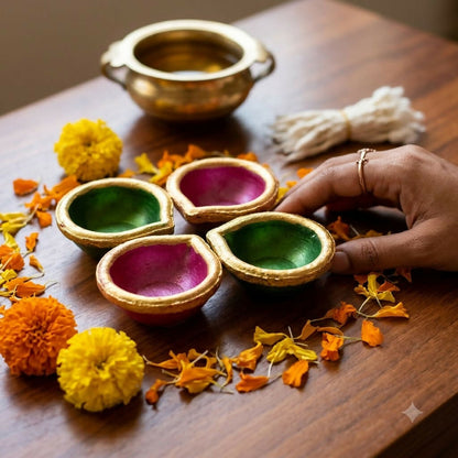 A hand reaches for one of four colorful diyas surrounded by marigold petals and yellow flowers on a wooden table.
