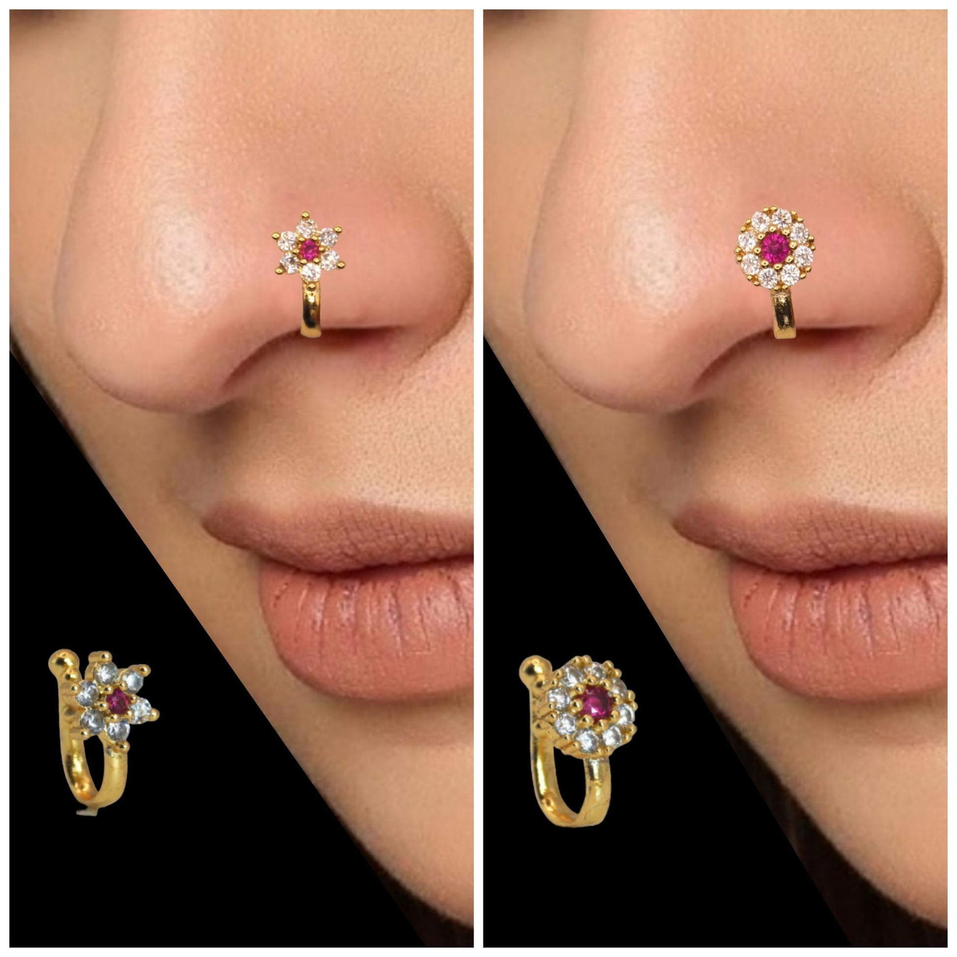 CZ Flower & Line Non-Piercing Nose Ring/Nath Combo Set Combo Pack of 4