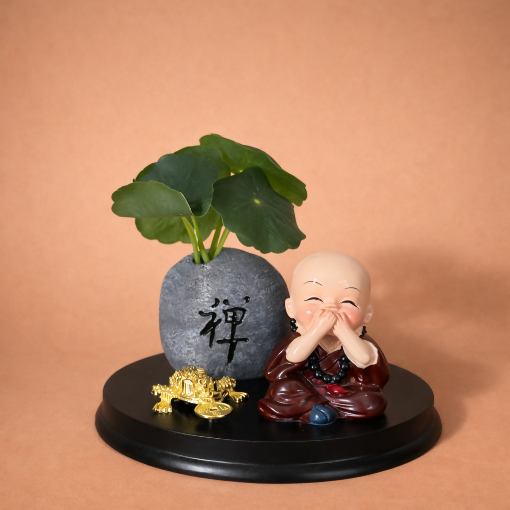 Zen Monk Showpiece with Lucky Money Frog & Mini Planter — Home & Office Decor(ANY COLOR)