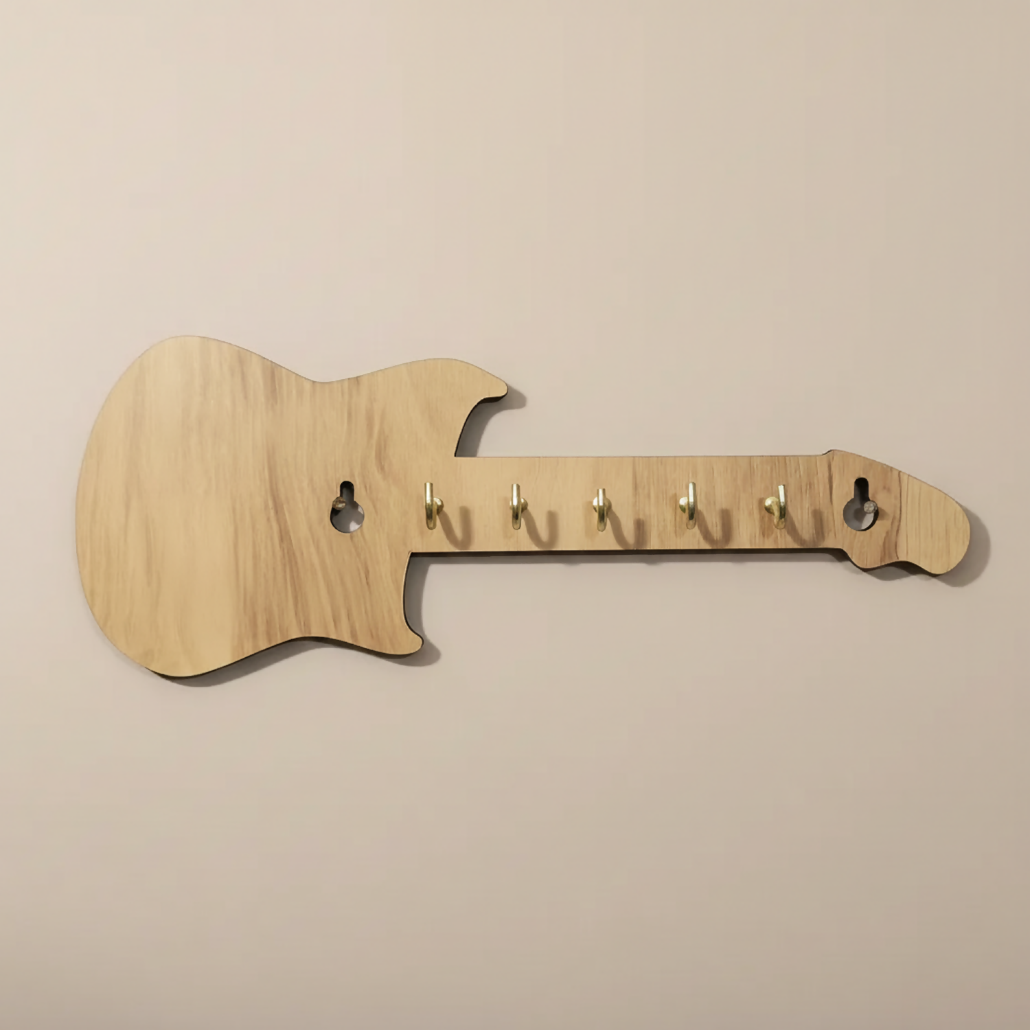 Natural wood finish guitar-shaped wall key rack