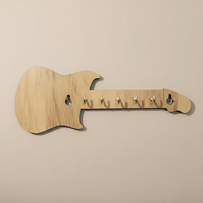 Natural wood finish guitar-shaped wall key rack