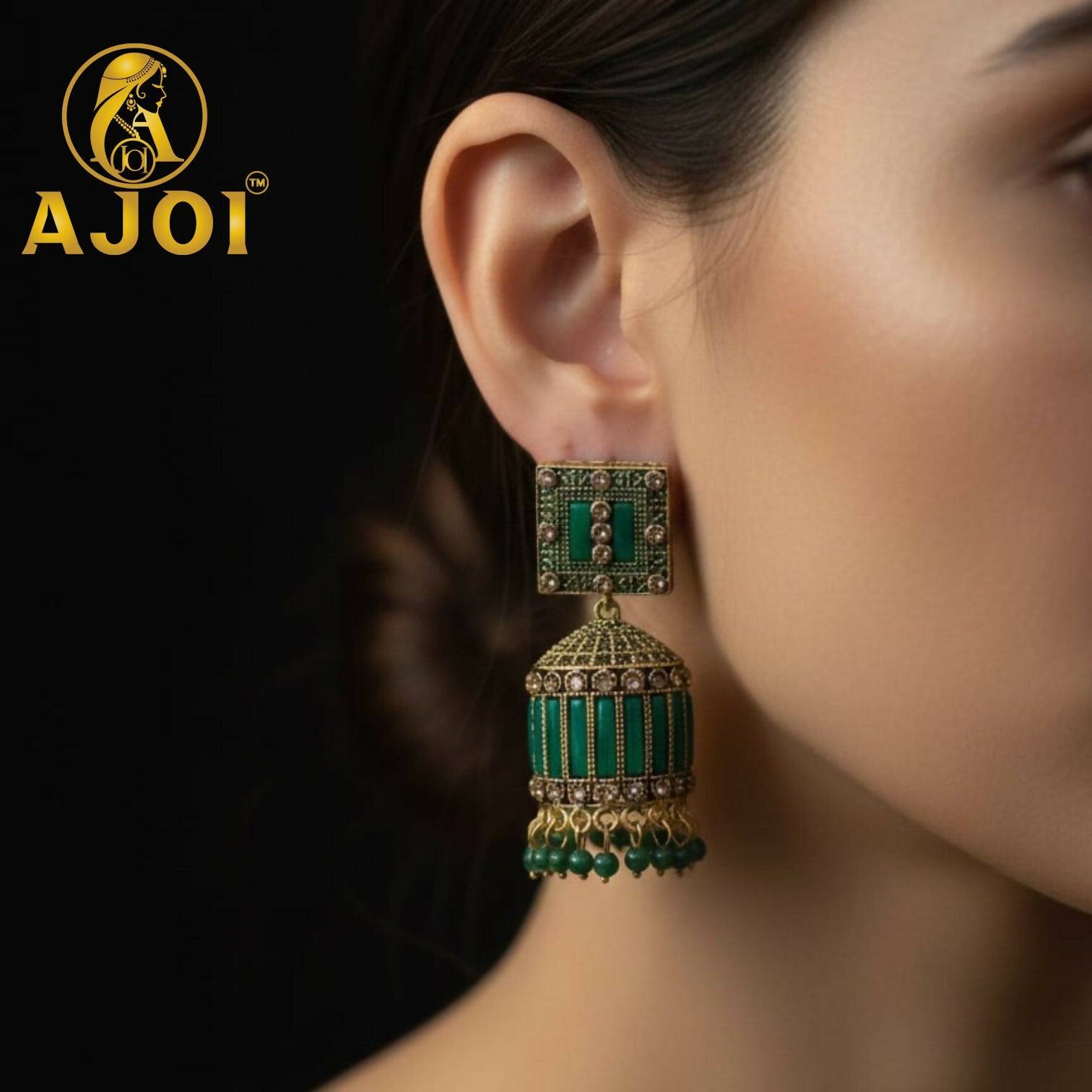 Royal Emerald Green Designer Earrings with Statement Drop and Stone Accents