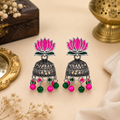 Lotus Silver Oxidised Jhumka Earrings for Women Pink & Green Beads Traditional Ethnic Jewellery