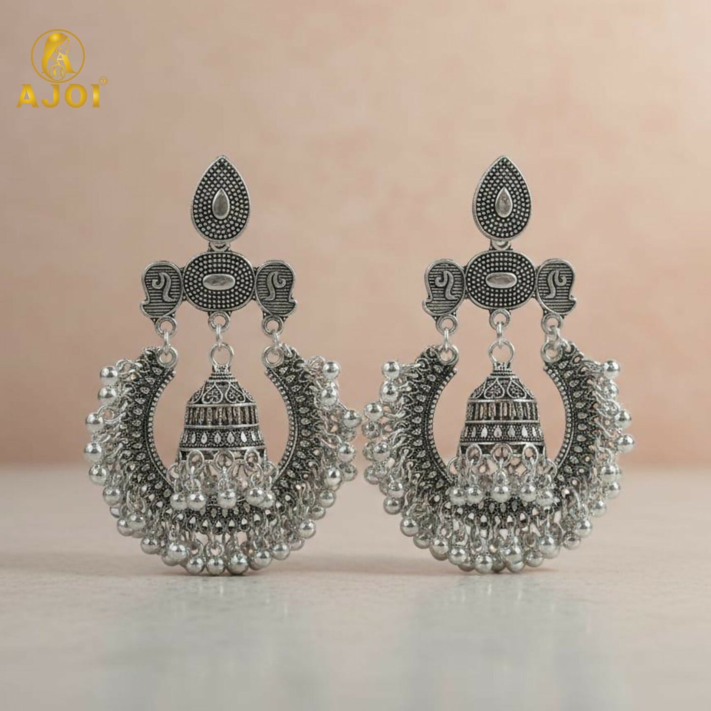 Antique Silver Oxidized Statement Chandbali Jhumka Earrings