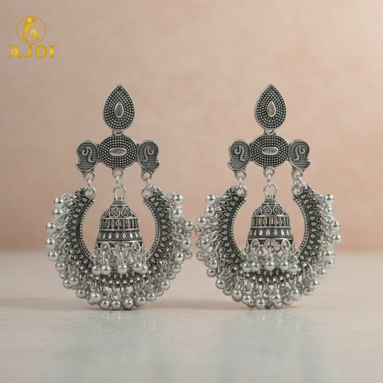 Antique Silver Oxidized Statement Chandbali Jhumka Earrings