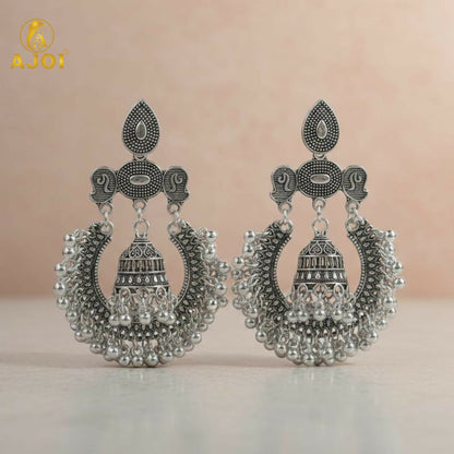 Antique Silver Oxidized Statement Chandbali Jhumka Earrings