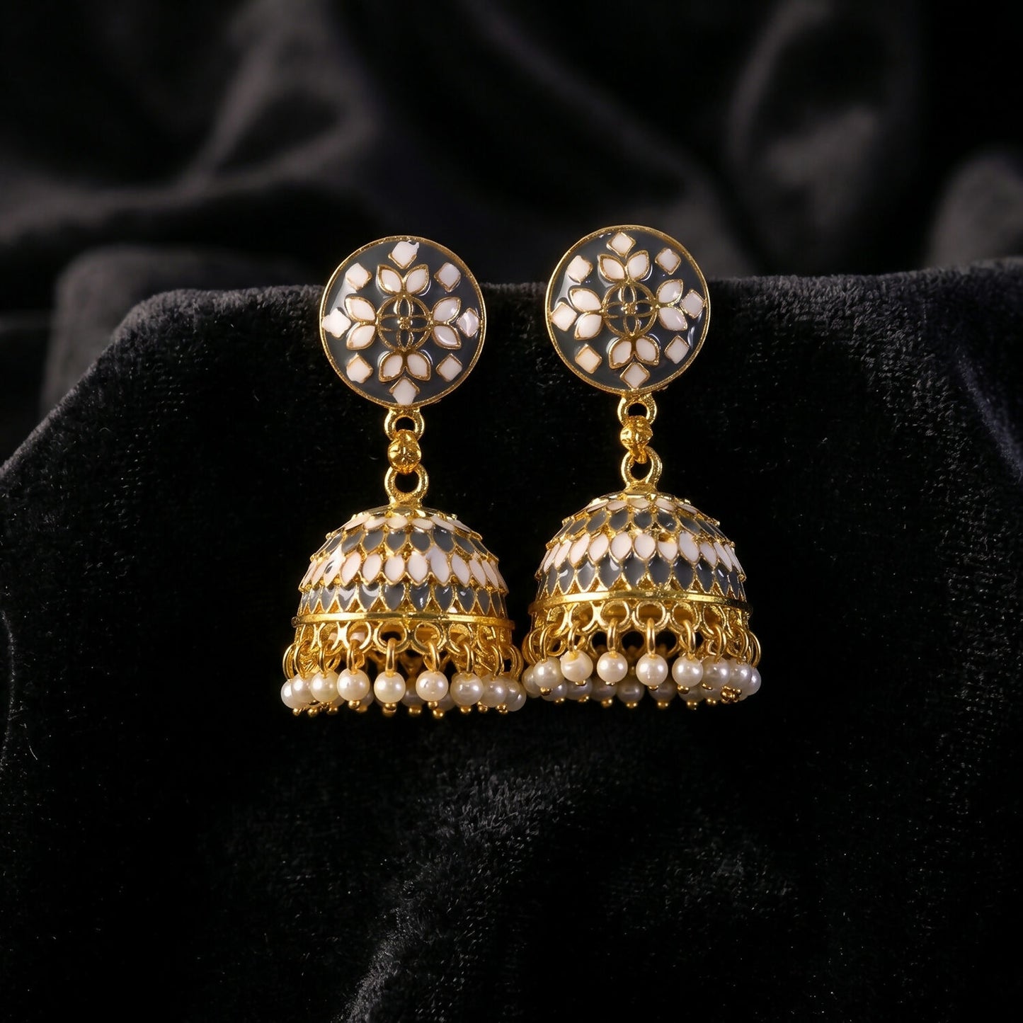Festive style grey chandbali earrings with layered design