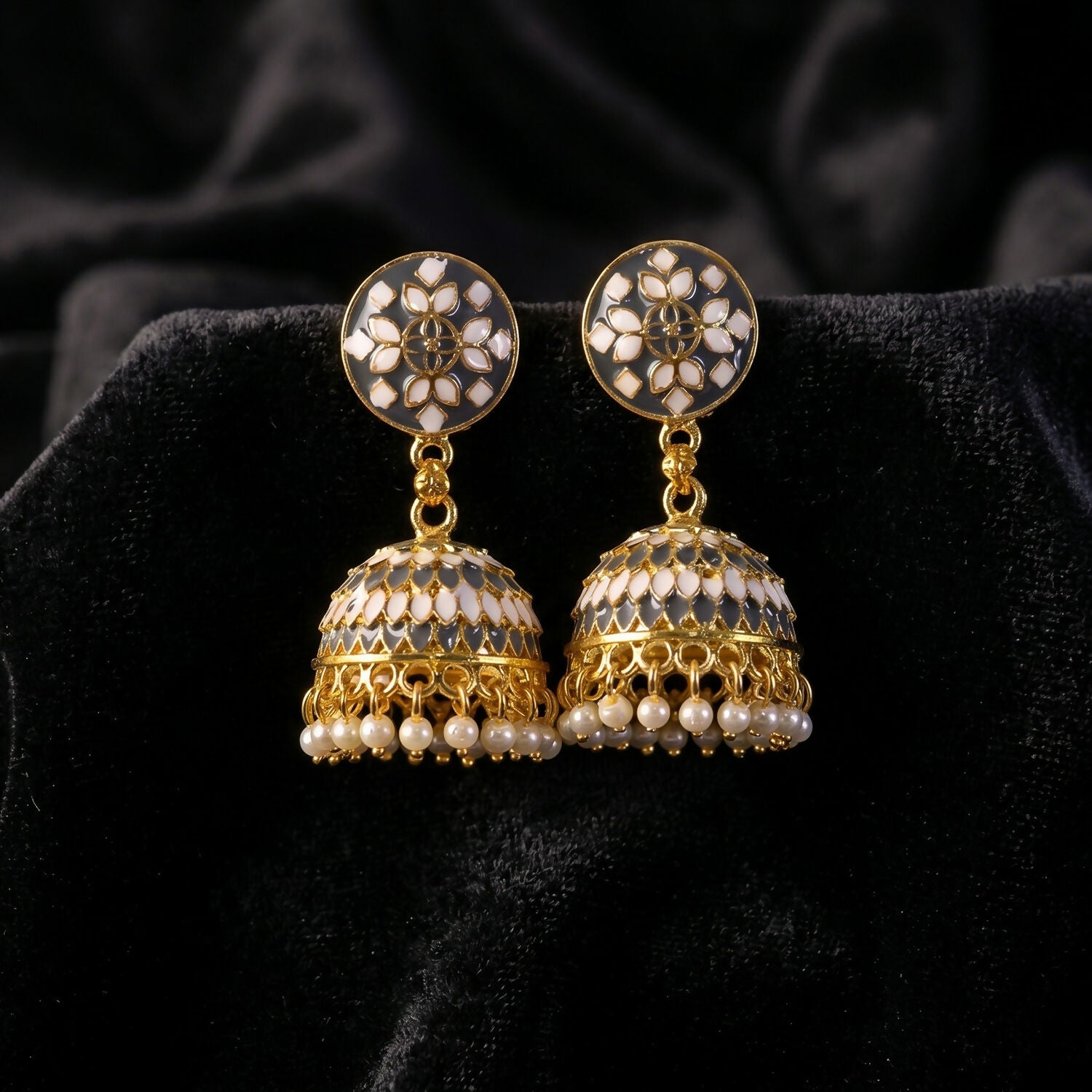 Festive style grey chandbali earrings with layered design