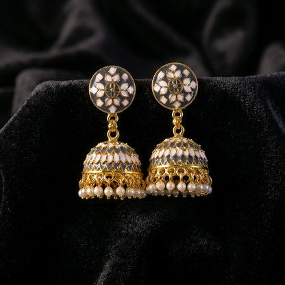 Festive style grey chandbali earrings with layered design