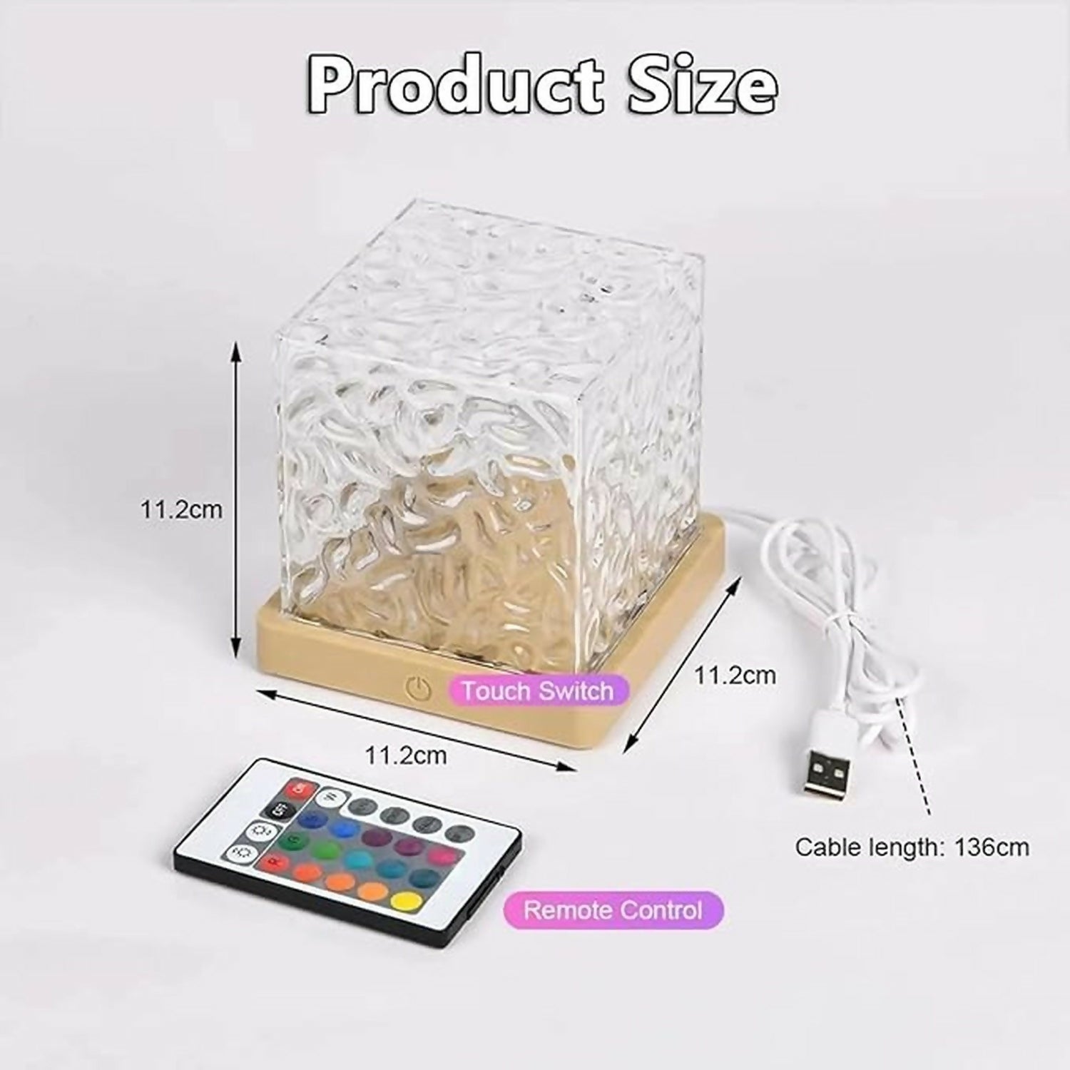 Crystal Ice Cube LED Night Lamp with Touch Control and Wooden Base