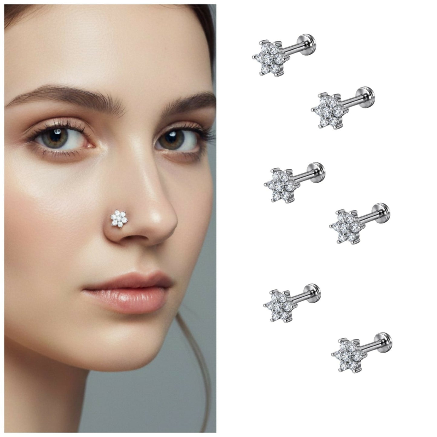 Silver plated flower nosepin stud with sparkling CZ crystals and flat back design