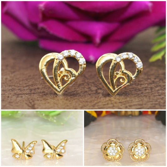 Gold Plated Stud Earring Combo | Heart, Butterfly & Floral" for women and girls Combo Pack of 3