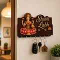 Shubh Labh Lakshmi Wooden Key Holder with 7 Hooks Decorative Wall Organizer for Home