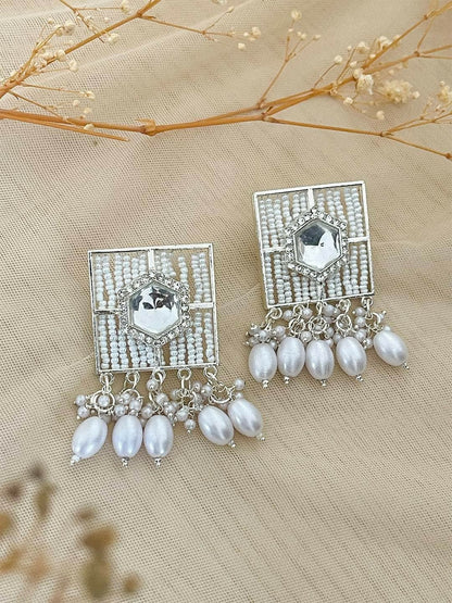 Traditional Silver-Toned Kundan & Pearl Encrusted Chandbali Jhumka Earrings