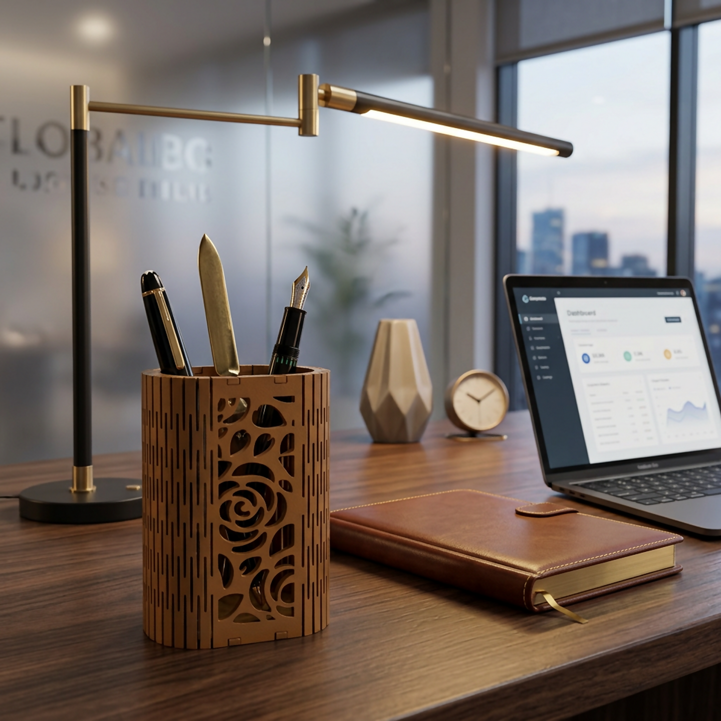 Modern wooden pen holder on a minimalist study table, complementing contemporary interior decor.