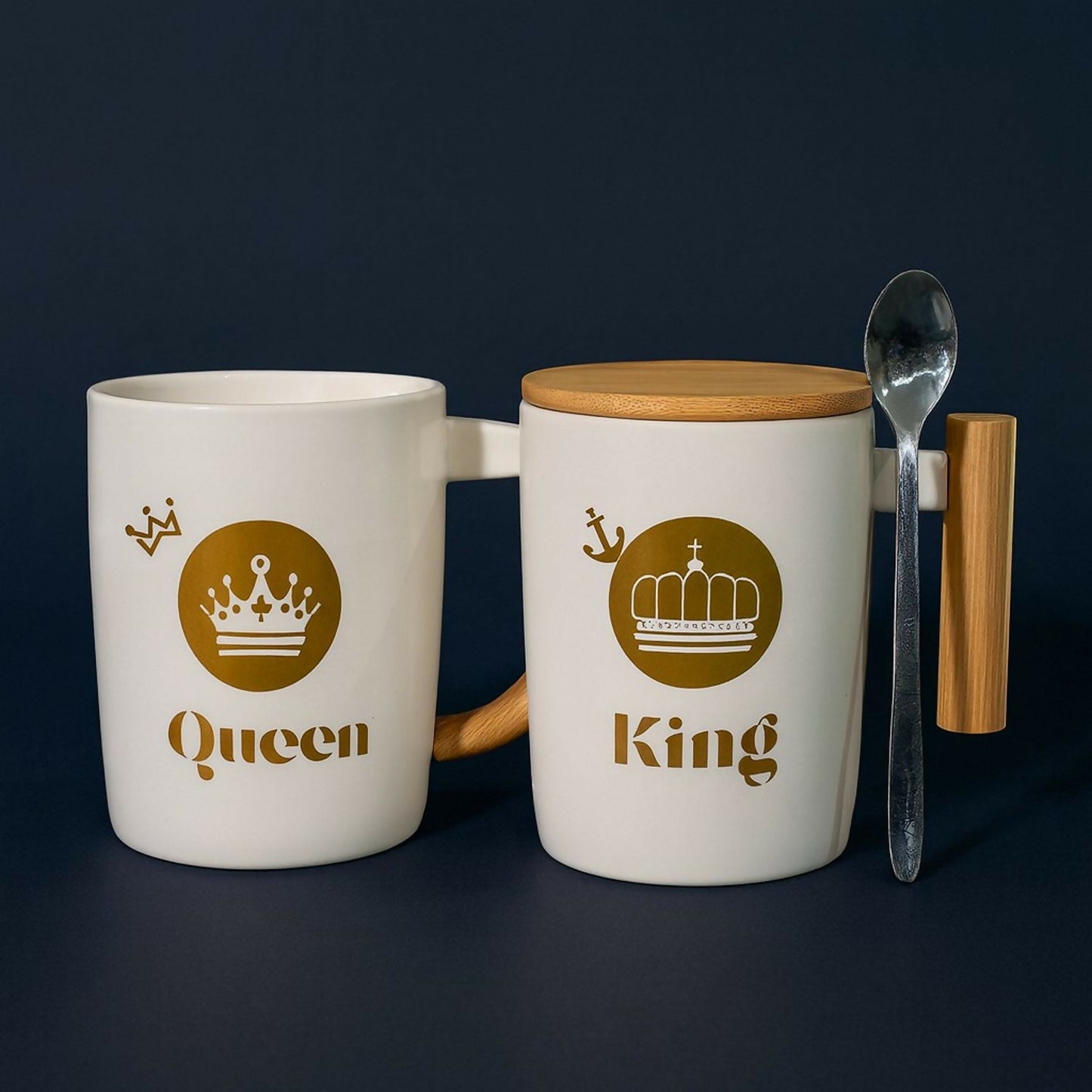 Premium King & Queen Ceramic Mug Set with Wooden Lid & Handle | Luxury Crown Design Coffee & Tea Mugs | Elegant Gift Set for Couples, Husband Wife, Anniversary, Birthday, Valentine, Home & Office Use
