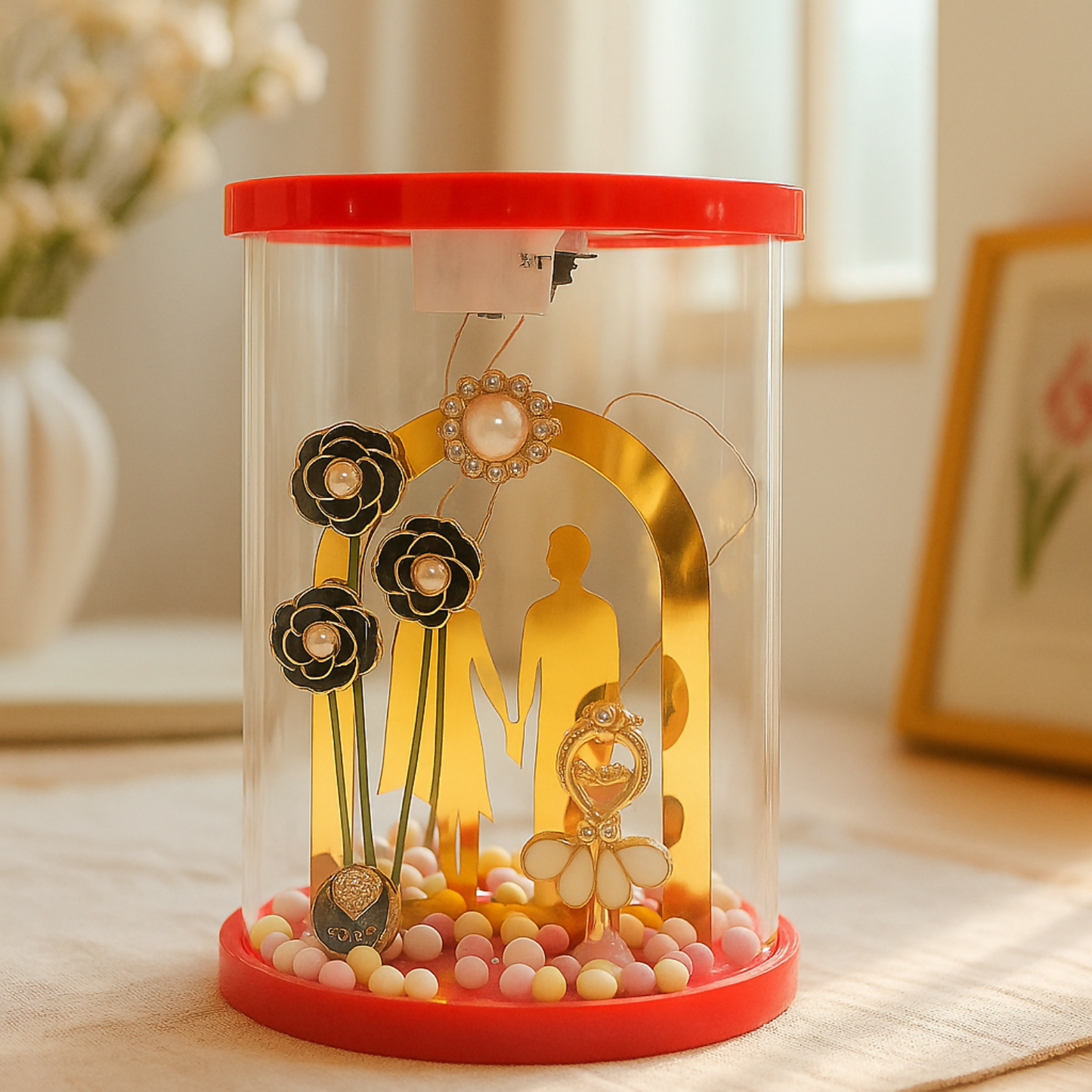 Romantic Couple Dome LED Night Lamp with Artificial Flowers & Pastel Beads | Transparent Acrylic Cylinder Gift Light | Decorative Showpiece for Bedroom, Living Room & Gifting – Warm Light, Battery Operated