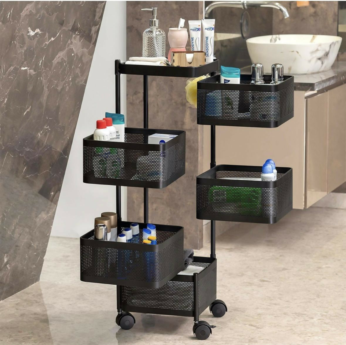 Square 5-Layer Stainless Steel Kitchen Trolley with Four Mesh Baskets & 360° Wheels