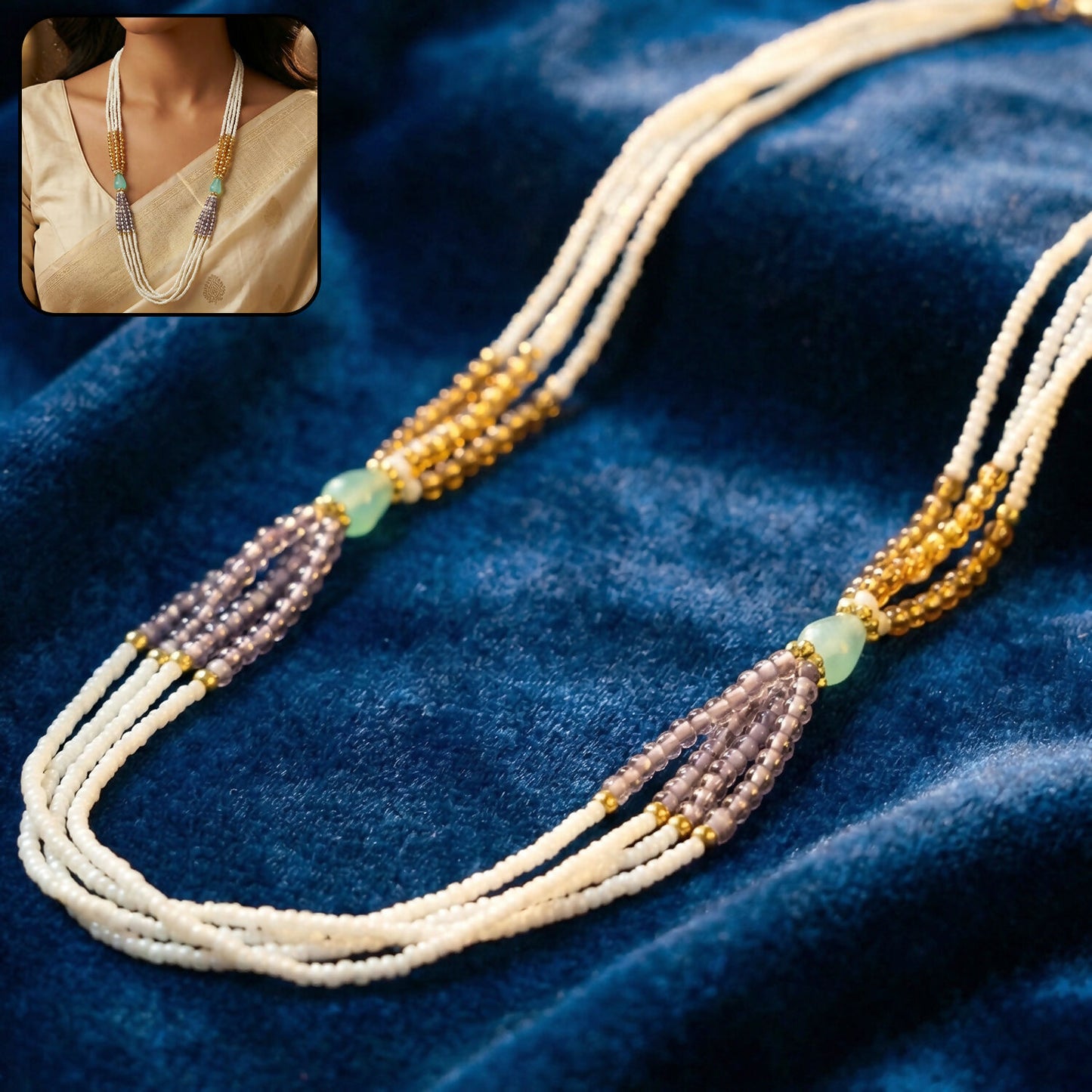 Multilayer pearl necklace with gold and pastel lavender accents