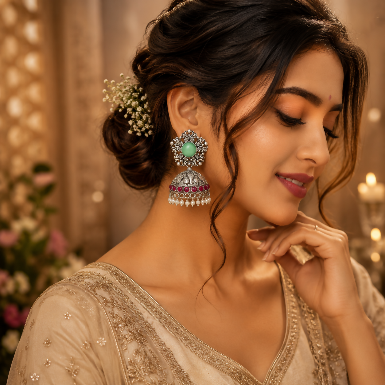 Oxidized silver jhumka earrings with pearl drops and colorful stones detailed shot
