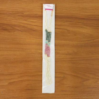 Elegant Multi-Layer Pearl Beaded Necklace with Green, Pink & Pastel Stone Accents
