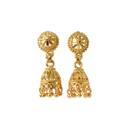 Dome-shaped gold plated jhumka earrings with floral stud detail