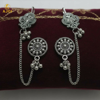 Side view of Oxidized Silver Ethnic Earrings with tribal chain
