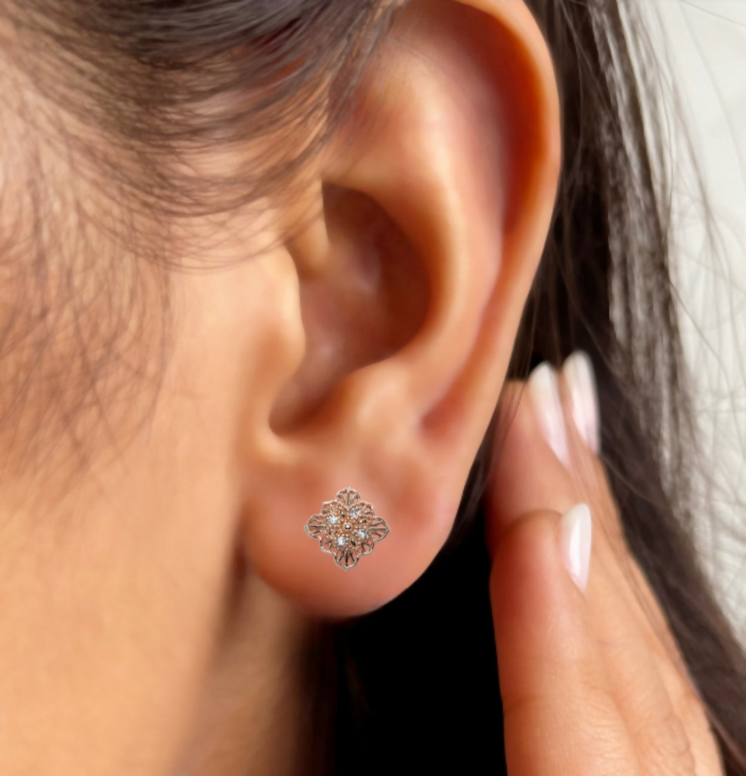 Elegant rose gold square stud earrings with delicate filigree pattern