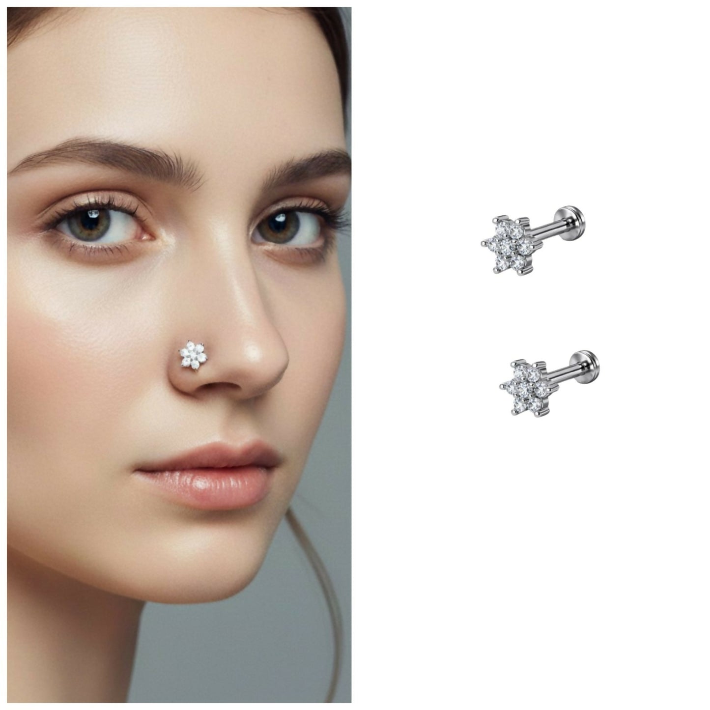 Silver plated crystal flower nosepin stud with flat back post on white background