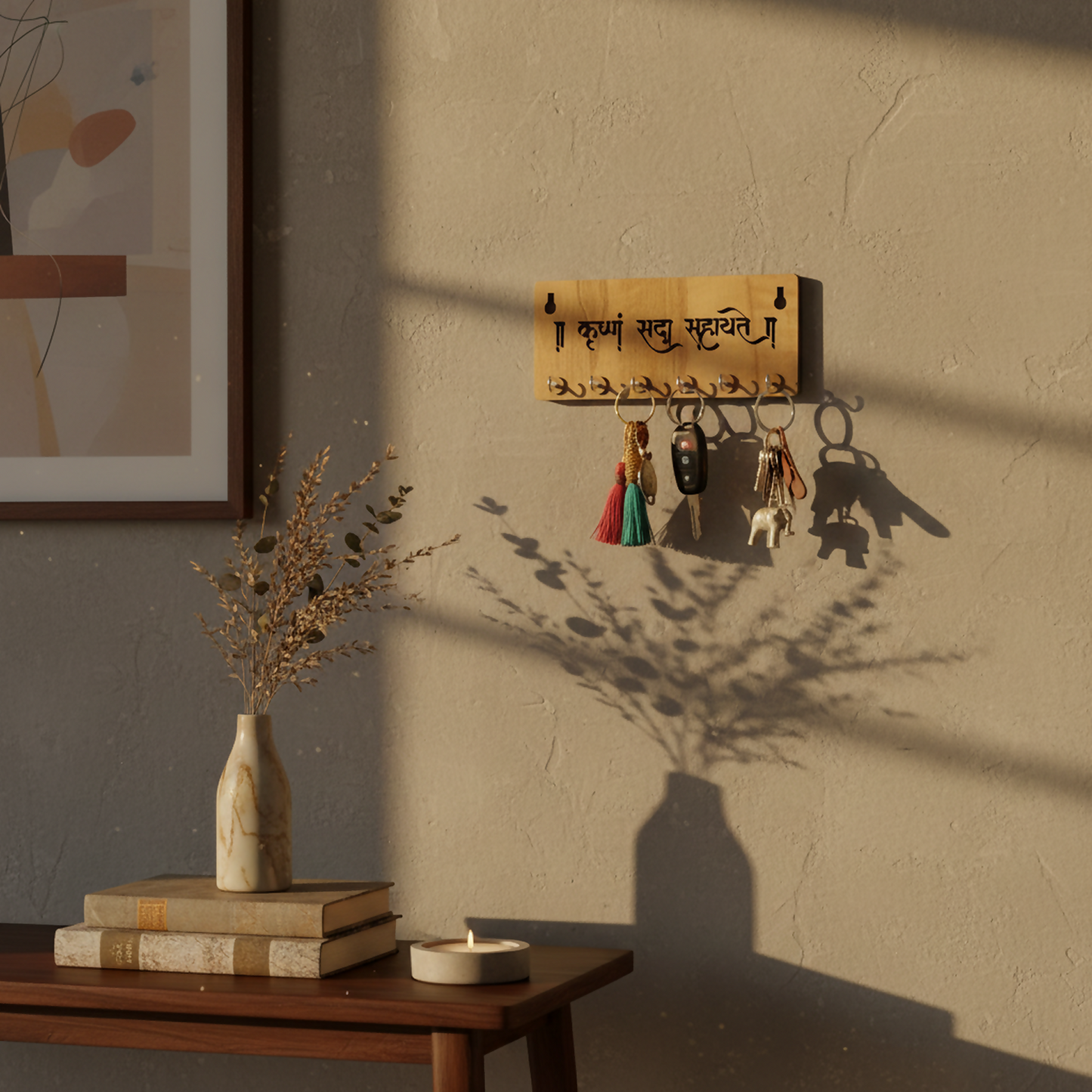 Krushnam Sada Sahayate Wooden Key Holder for Wall – Premium MDF Krishna Devotional Wall Key Organizer