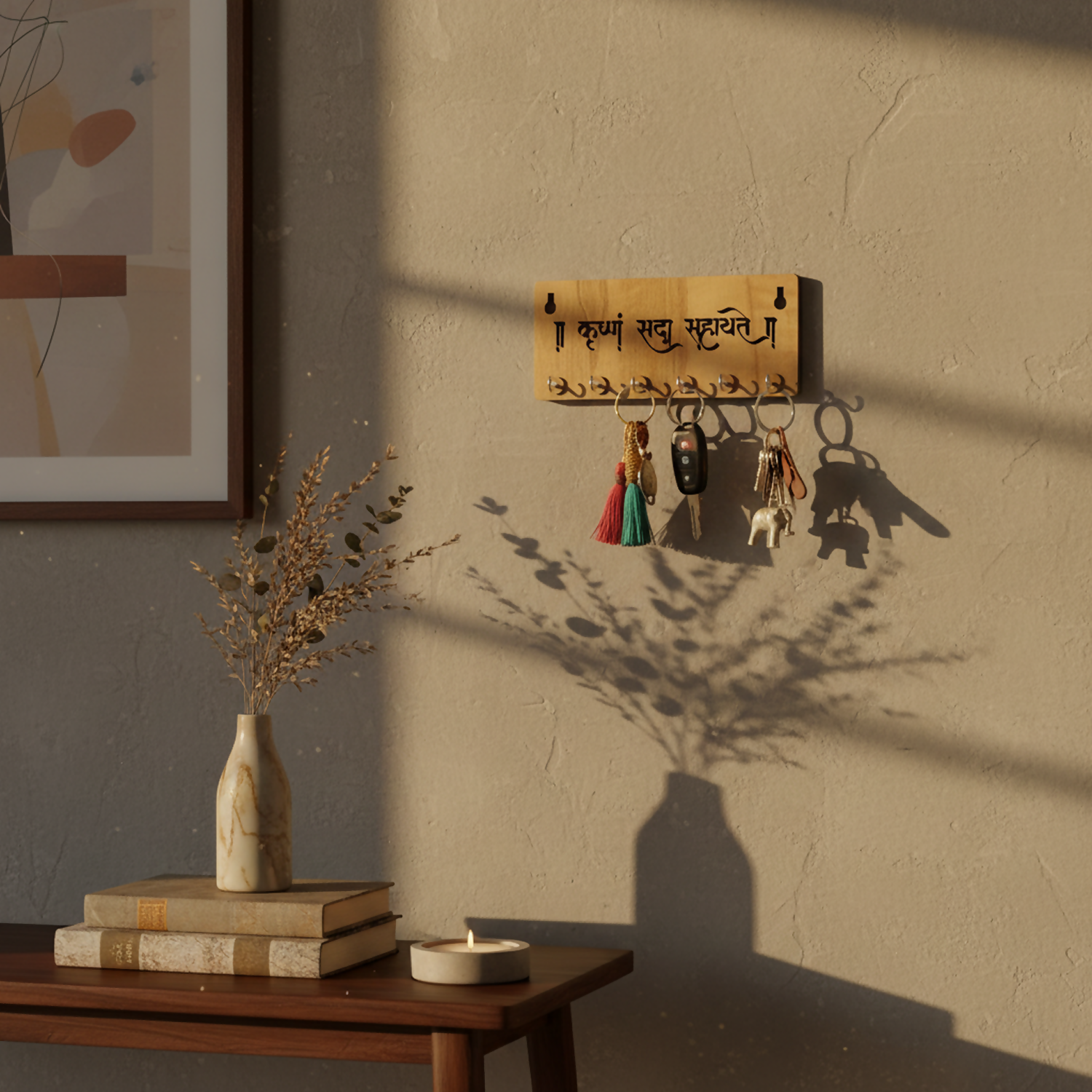 Krushnam Sada Sahayate Wooden Key Holder for Wall – Premium MDF Krishna Devotional Wall Key Organizer