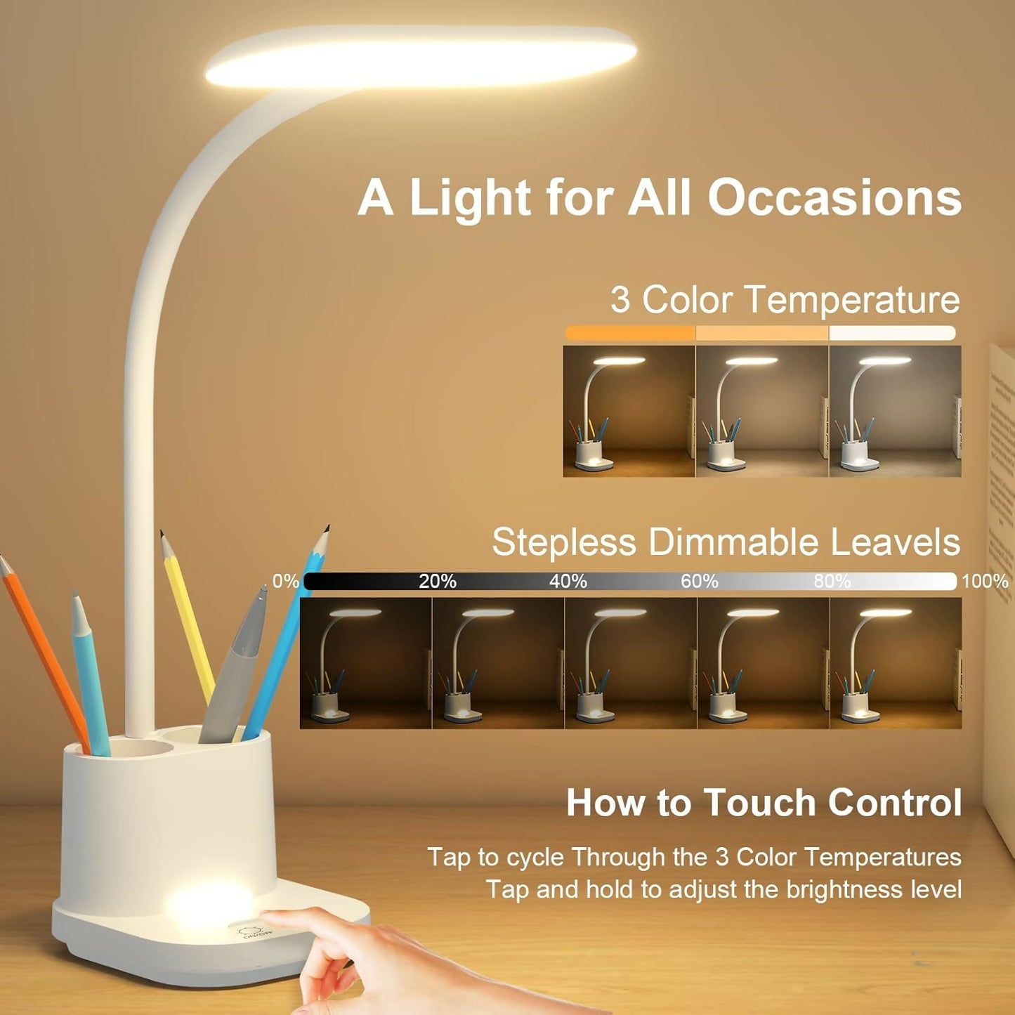 Pen holder integrated into LED desk lamp base