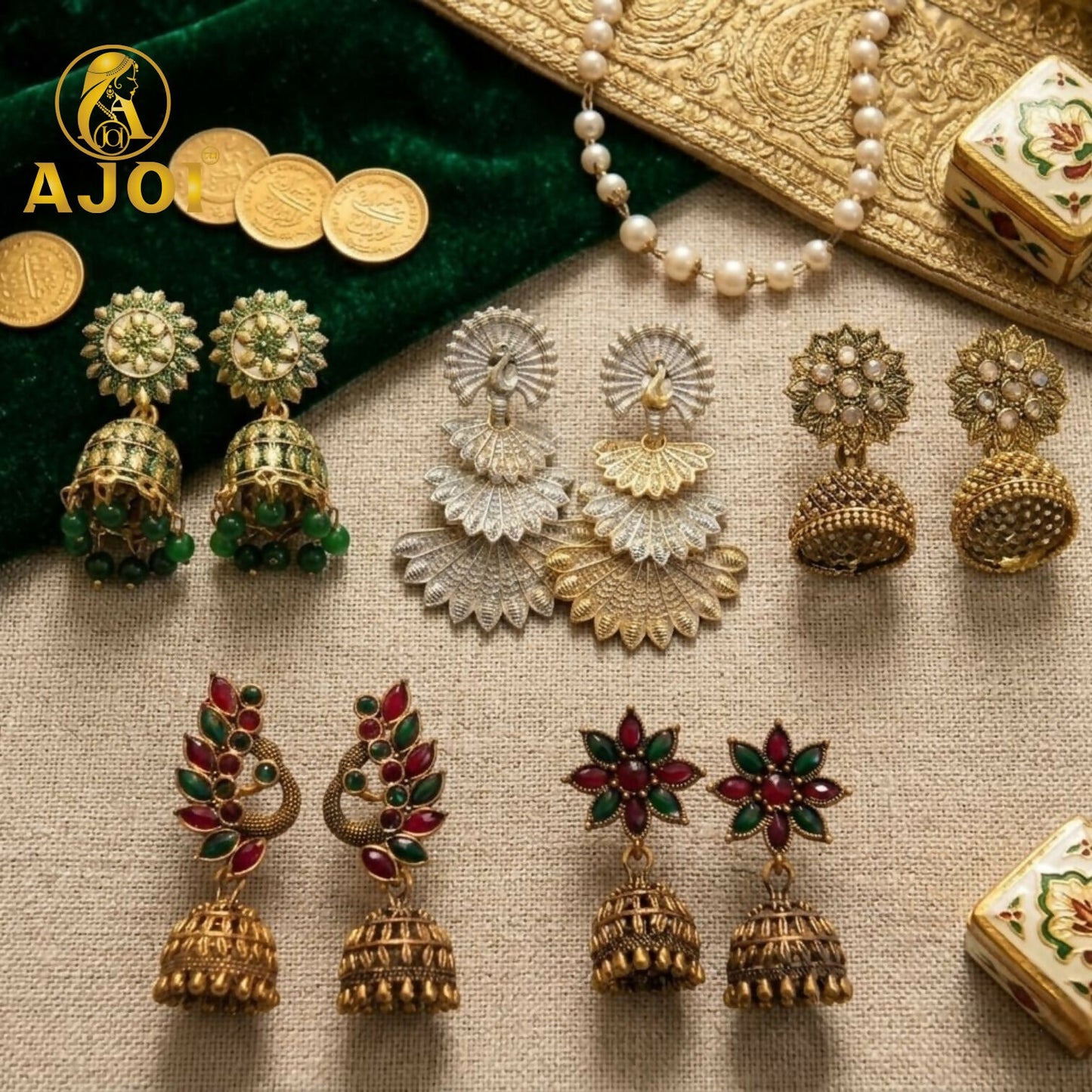 Ethnic Earrings Gold Plated Jhumka & Peacock Set of 5