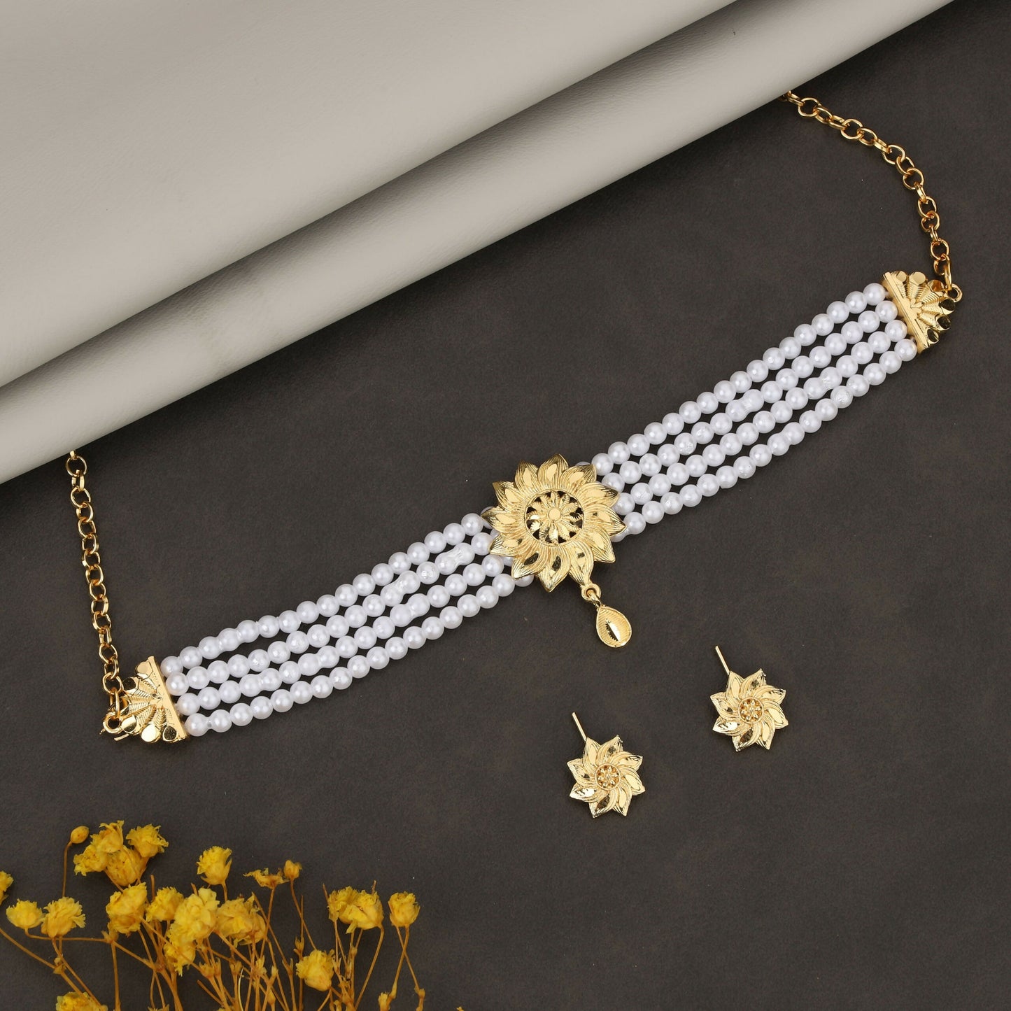 Gold-Tone Ruby & Crystal Choker with Faux Pearl Drops