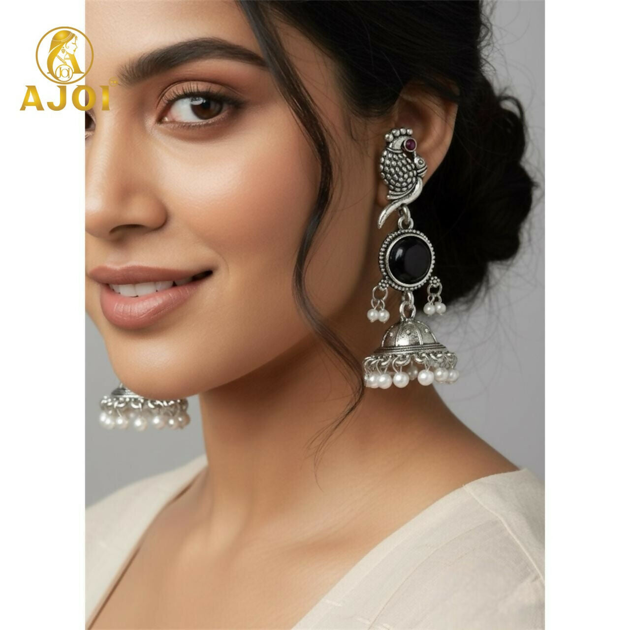 Moonlit Black Stone Peacock Earrings – Oxidized Silver Finish