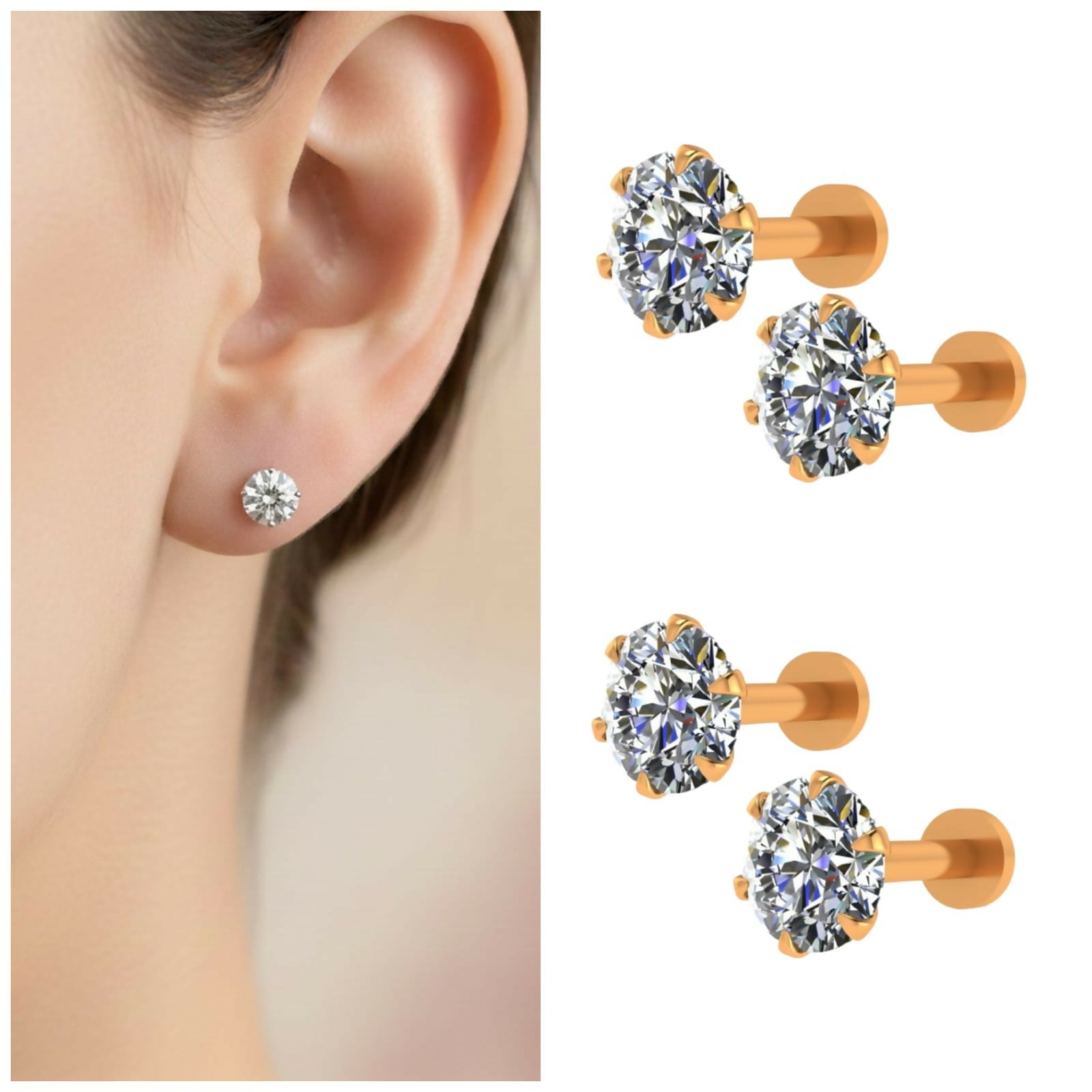 Set of gold plated flat back stud earrings showcasing crystal sparkle