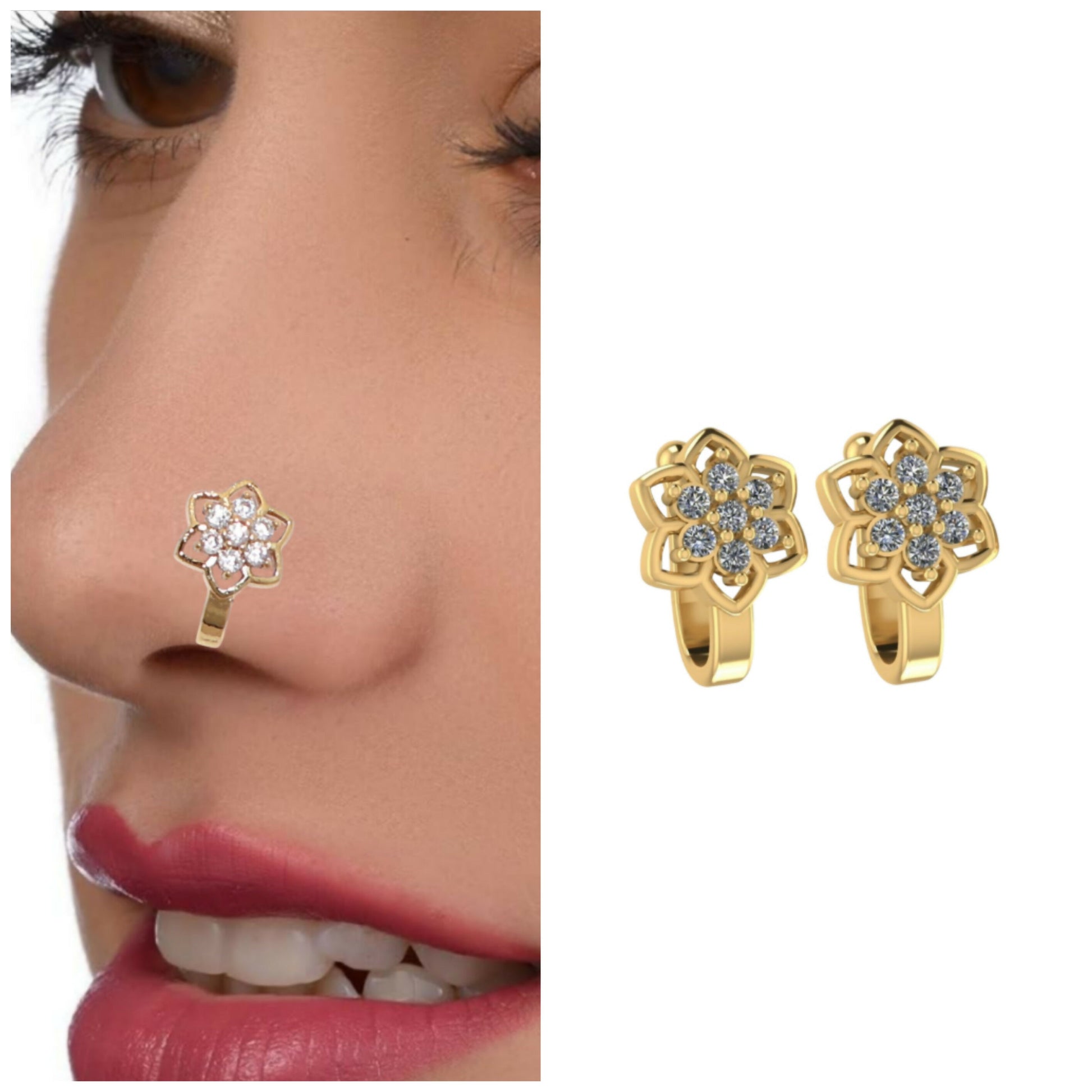 Gold and rose silver clip-on nath nose pins with pink and red stones closeup