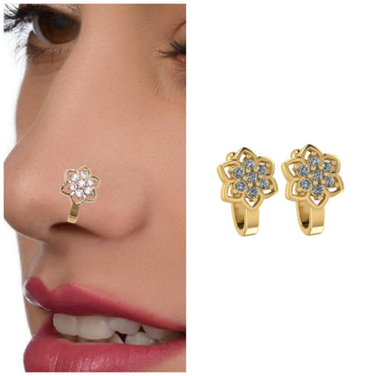 Gold and rose silver clip-on nath nose pins with pink and red stones closeup