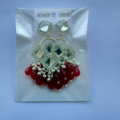 Pair of silver plated chandelier earrings with geometric crystals and vibrant red beads
